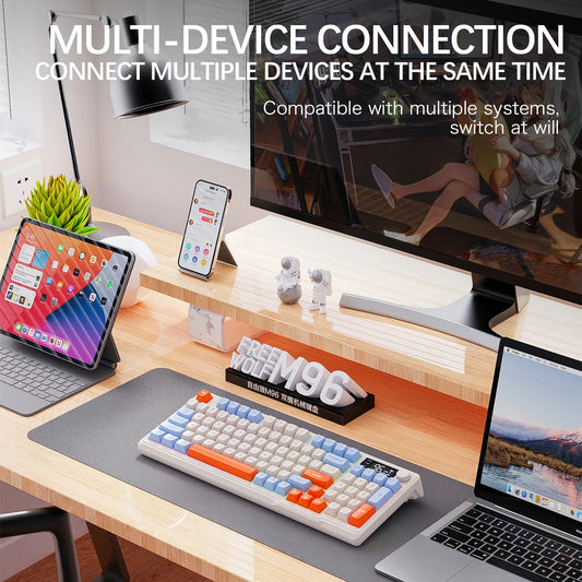 Kit de teclado e mouse sem fio M96 com tela digital, Bluetooth para jogos e conexão com vários dispositivos.