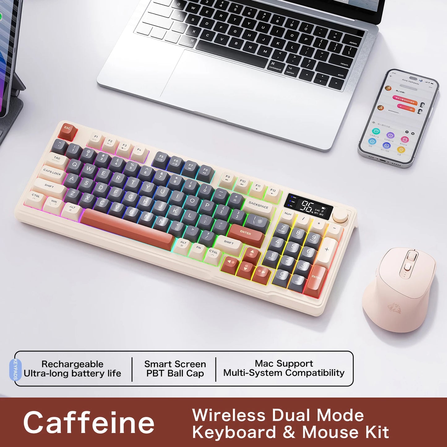 Kit de teclado e mouse sem fio M96 com tela digital, Bluetooth para jogos e conexão com vários dispositivos.