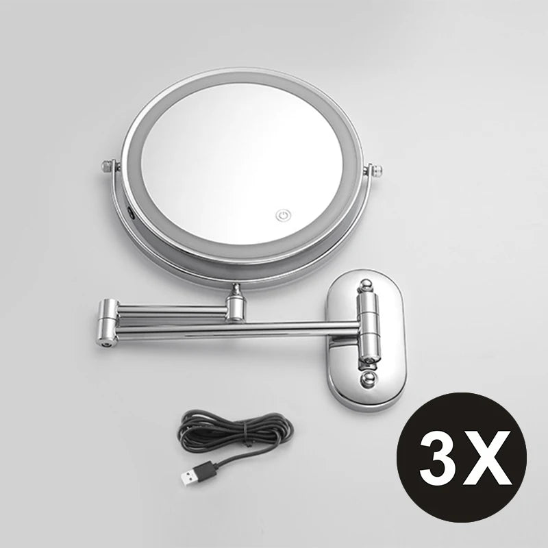 Espelho de maquiagem cromado de 8 polegadas. Carregamento USB, iluminação em 3 cores e aumento de 3x,5x,7x e 10x.