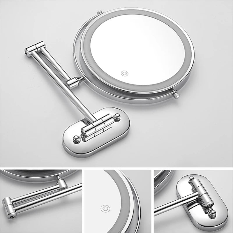 Espelho de maquiagem cromado de 8 polegadas. Carregamento USB, iluminação em 3 cores e aumento de 3x,5x,7x e 10x.