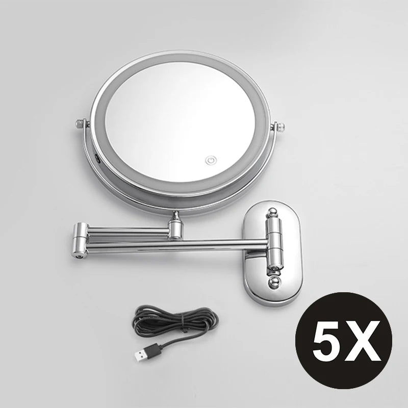 Espelho de maquiagem cromado de 8 polegadas. Carregamento USB, iluminação em 3 cores e aumento de 3x,5x,7x e 10x.