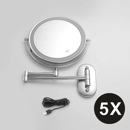 Espelho de maquiagem cromado de 8 polegadas. Carregamento USB, iluminação em 3 cores e aumento de 3x,5x,7x e 10x.