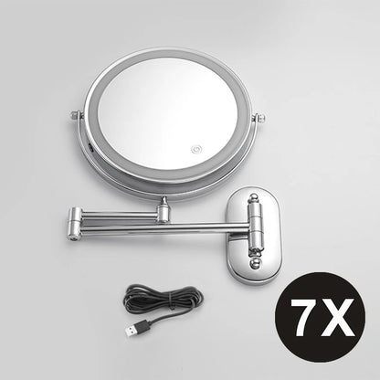 Espelho de maquiagem cromado de 8 polegadas. Carregamento USB, iluminação em 3 cores e aumento de 3x,5x,7x e 10x.