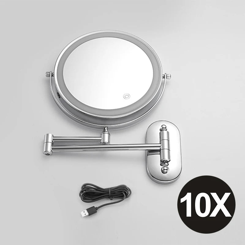Espelho de maquiagem cromado de 8 polegadas. Carregamento USB, iluminação em 3 cores e aumento de 3x,5x,7x e 10x.