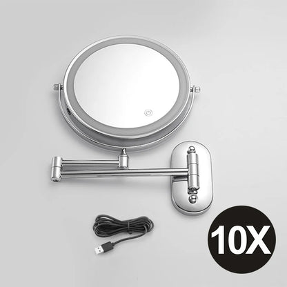 Espelho de maquiagem cromado de 8 polegadas. Carregamento USB, iluminação em 3 cores e aumento de 3x,5x,7x e 10x.