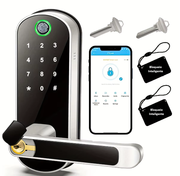 Fechadura inteligente para porta com impressão digital, cartões e senha