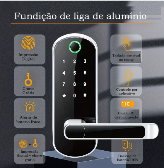Fechadura inteligente para porta com impressão digital, cartões e senha