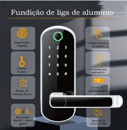Fechadura inteligente para porta com impressão digital, cartões e senha