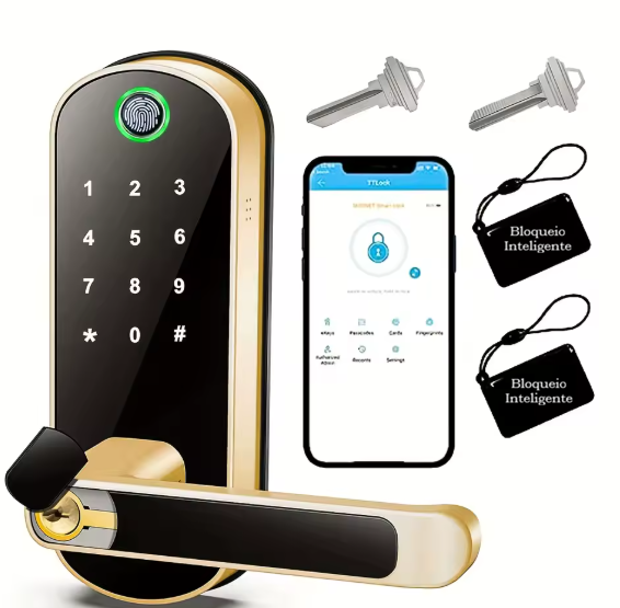 Fechadura inteligente para porta com impressão digital, cartões e senha