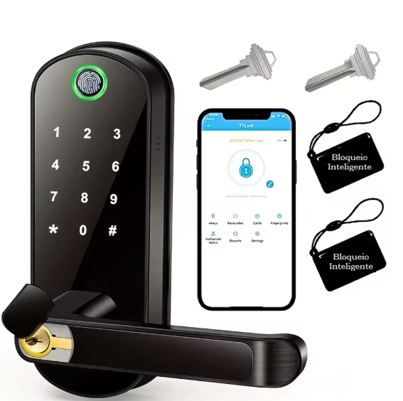 Fechadura inteligente para porta com impressão digital, cartões e senha