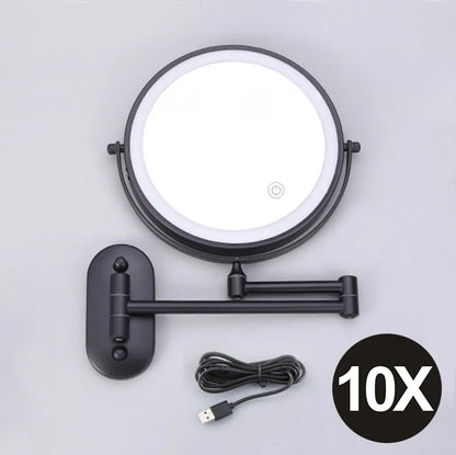 Espelho de maquiagem cromado de 8 polegadas. Carregamento USB, iluminação em 3 cores e aumento de 3x,5x,7x e 10x.