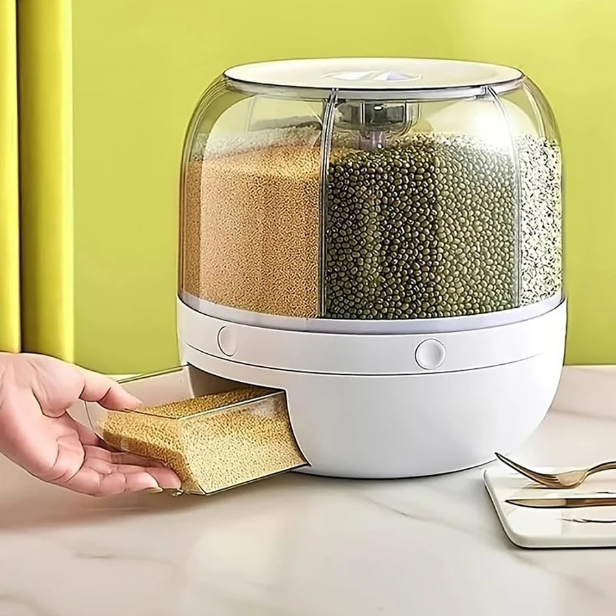 Dispensador de alimentos 360° e 6 compartimentos - Recipiente hermético para armazenamento de grãos, cereais e produtos secos na cozinha.