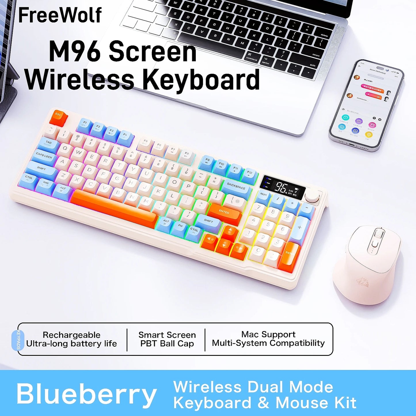 Kit de teclado e mouse sem fio M96 com tela digital, Bluetooth para jogos e conexão com vários dispositivos.