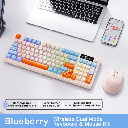 Kit de teclado e mouse sem fio M96 com tela digital, Bluetooth para jogos e conexão com vários dispositivos.