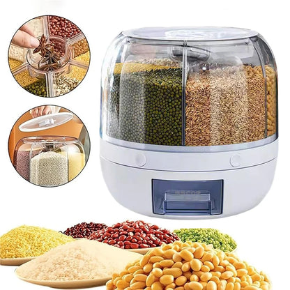 Dispensador de alimentos 360° e 6 compartimentos - Recipiente hermético para armazenamento de grãos, cereais e produtos secos na cozinha.