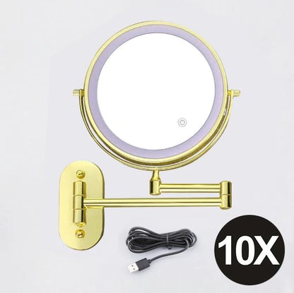 Espelho de maquiagem cromado de 8 polegadas. Carregamento USB, iluminação em 3 cores e aumento de 3x,5x,7x e 10x.