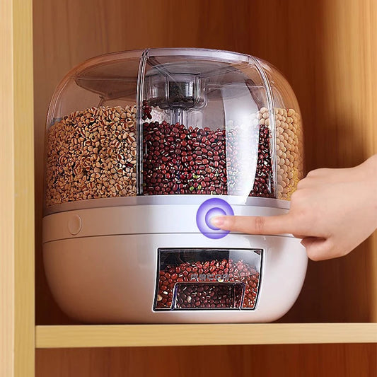 Dispensador de alimentos 360° e 6 compartimentos - Recipiente hermético para armazenamento de grãos, cereais e produtos secos na cozinha.