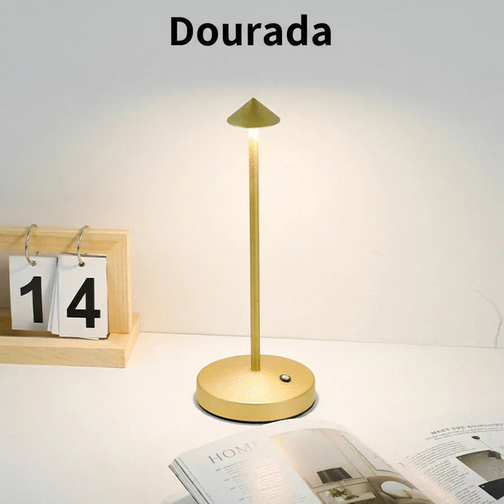 Luminária de mesa LED recarregável com sensor de toque. 3 temperaturas de cor e ajuste contínuo de intensidade.