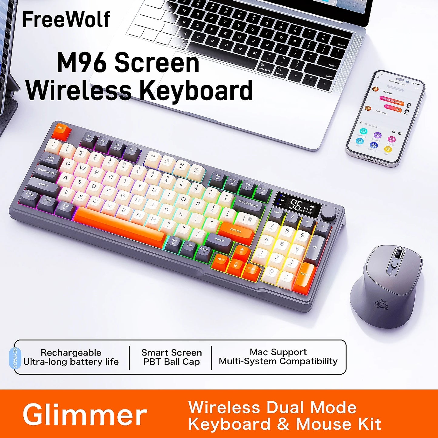 Kit de teclado e mouse sem fio M96 com tela digital, Bluetooth para jogos e conexão com vários dispositivos.