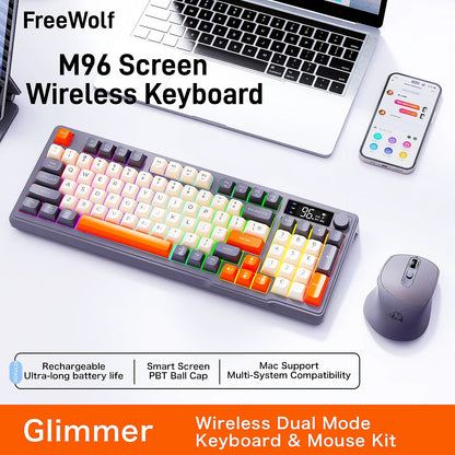 Kit de teclado e mouse sem fio M96 com tela digital, Bluetooth para jogos e conexão com vários dispositivos.
