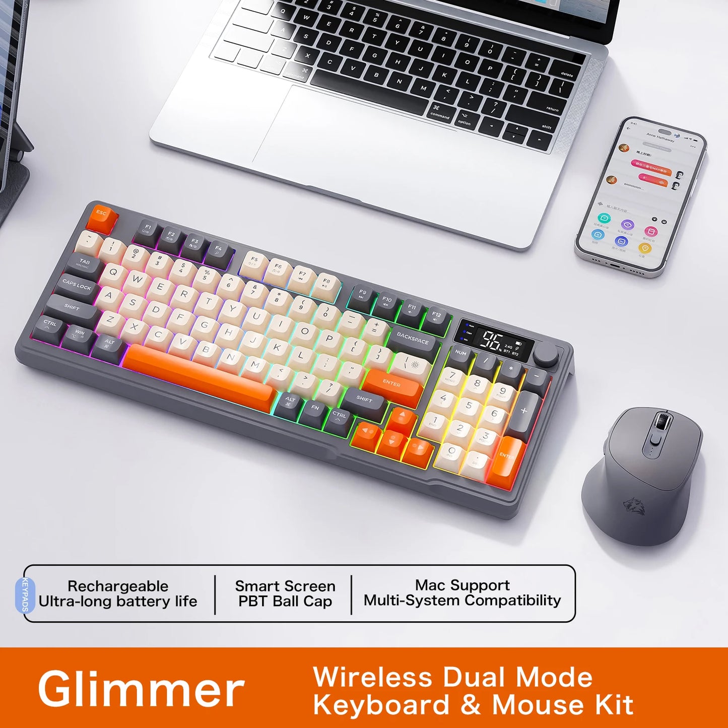 Kit de teclado e mouse sem fio M96 com tela digital, Bluetooth para jogos e conexão com vários dispositivos.