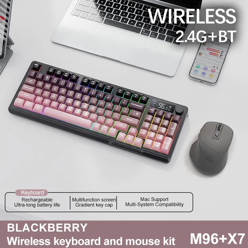 Kit de teclado e mouse sem fio M96 com tela digital, Bluetooth para jogos e conexão com vários dispositivos.