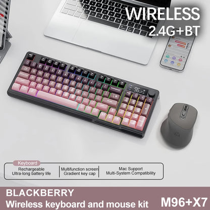 Kit de teclado e mouse sem fio M96 com tela digital, Bluetooth para jogos e conexão com vários dispositivos.