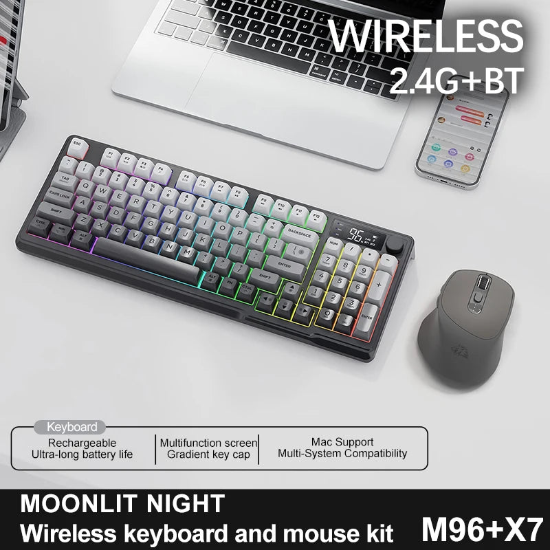 Kit de teclado e mouse sem fio M96 com tela digital, Bluetooth para jogos e conexão com vários dispositivos.