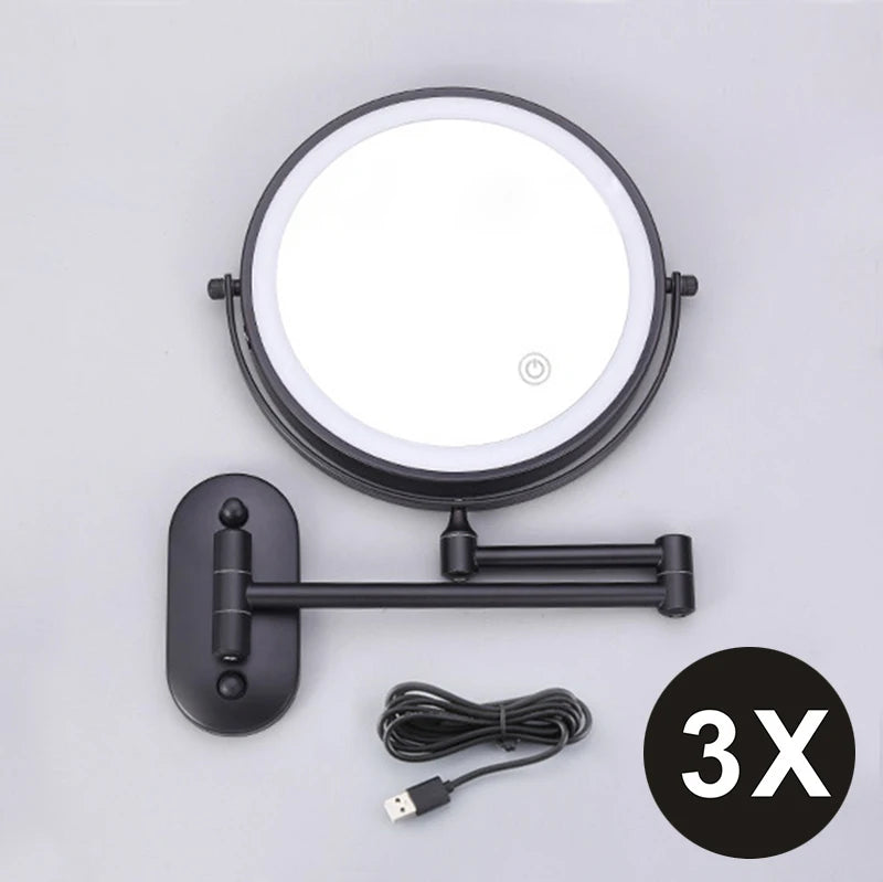 Espelho de maquiagem cromado de 8 polegadas. Carregamento USB, iluminação em 3 cores e aumento de 3x,5x,7x e 10x.