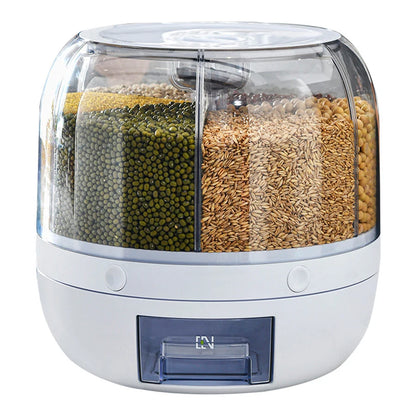Dispensador de alimentos 360° e 6 compartimentos - Recipiente hermético para armazenamento de grãos, cereais e produtos secos na cozinha.