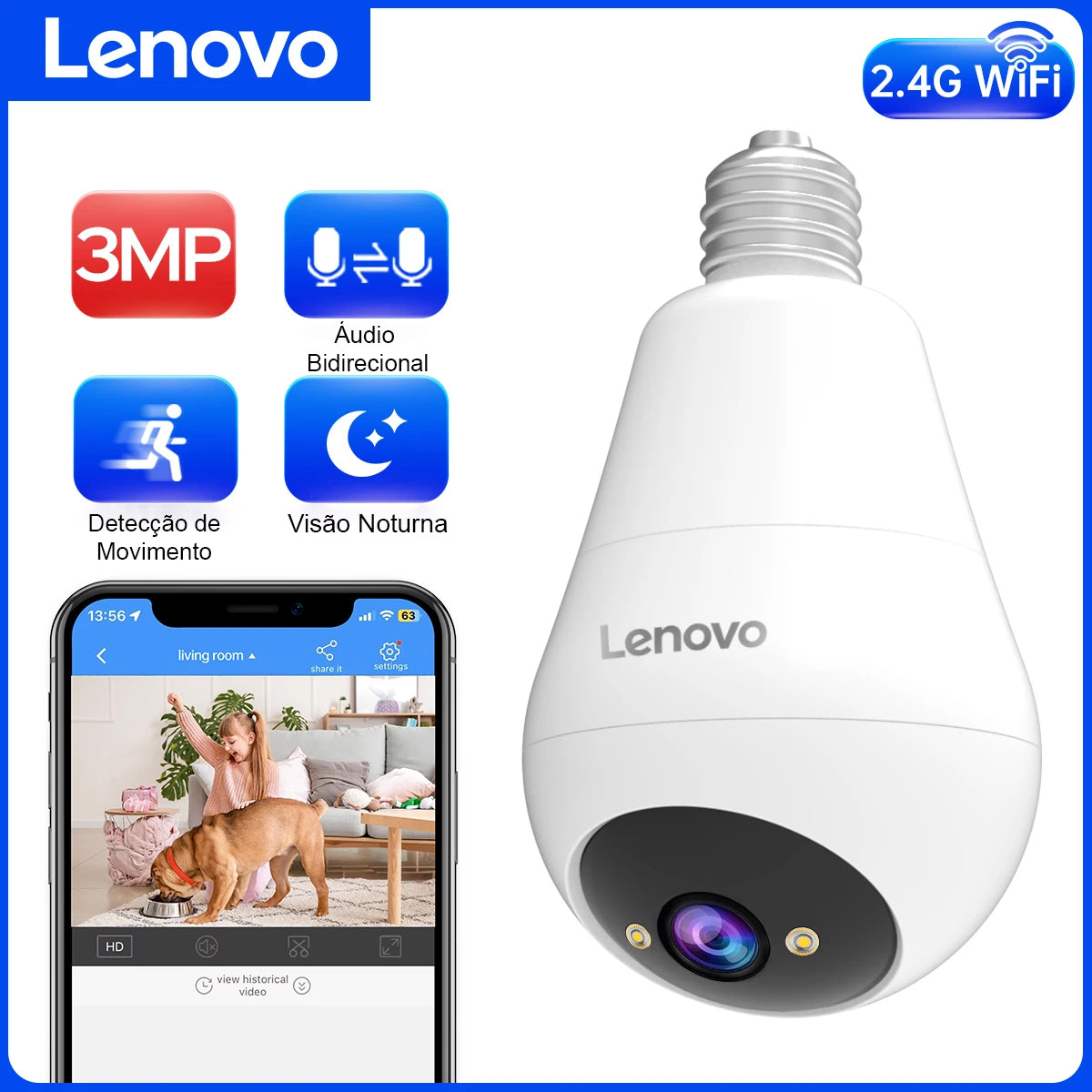 Câmera Lenovo 3MP WIFI E27 em formato de lâmpada, com visão noturna, Comunicador de Voz Bidirecional