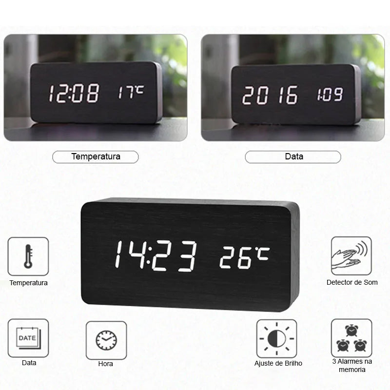 Relógio Despertador Digital LED com Temperatura