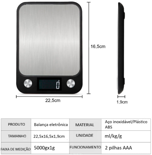 Balança de Cozinha 15Kg/1g - Balança Digital Eletrônica em Aço Inoxidável