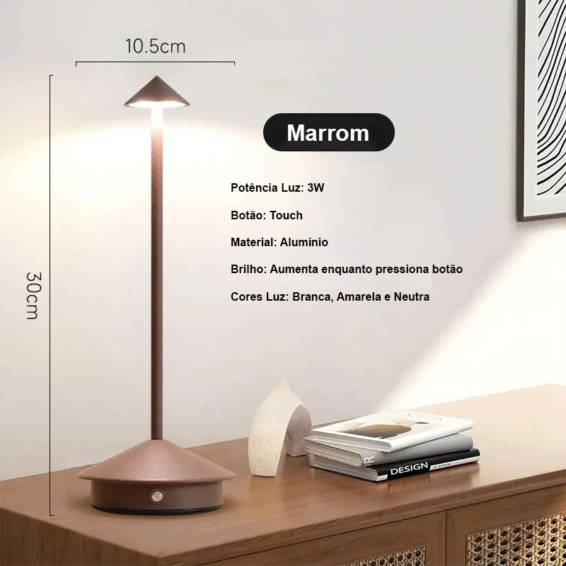 Luminária de mesa LED recarregável com sensor de toque. 3 temperaturas de cor e ajuste contínuo de intensidade.
