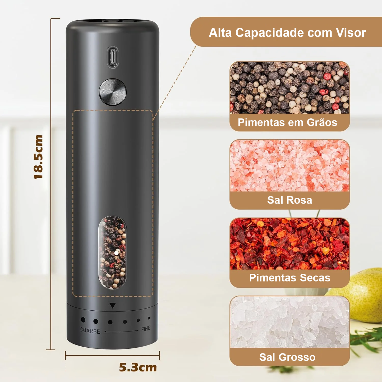 Moedor de Sal e Pimenta elétrico Recarregável